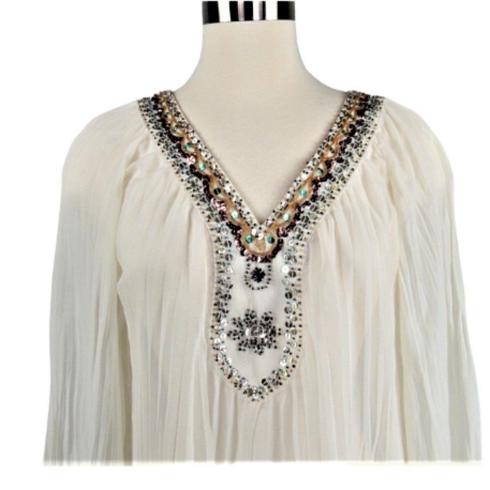 Spencer Jeremy Peasant Top Long Sleeve Embellished Balloon Sleeve Semi Sheer Med